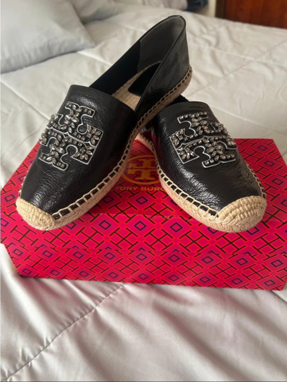 Tory Burch Black Leather Espadrille with Embellished Logo